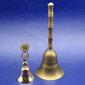 Vintage Brass Hand Bell 6.5" and Vintage Olympia Beer Metal Souvenir Bell 3.5"